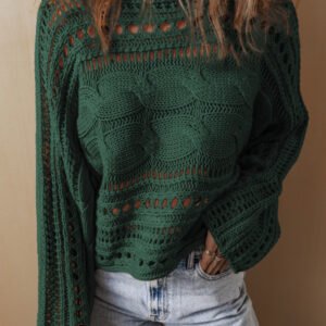 Blackish Green Hollow-out Cable Knit Cropped Sweater