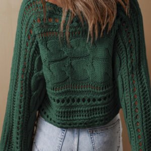 Blackish Green Hollow-out Cable Knit Cropped Sweater