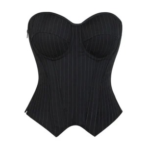 Bestseller Women's Striped Blazer with Built-in Underwire Bra, Side Zipper & Boned Corset Design - Slim Fit Fashion Jacket
