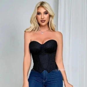 Bestseller Women's Striped Blazer with Built-in Underwire Bra, Side Zipper & Boned Corset Design - Slim Fit Fashion Jacket